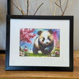 Unique Art, Panda bear walking in a watercolor floral garden in frame.
